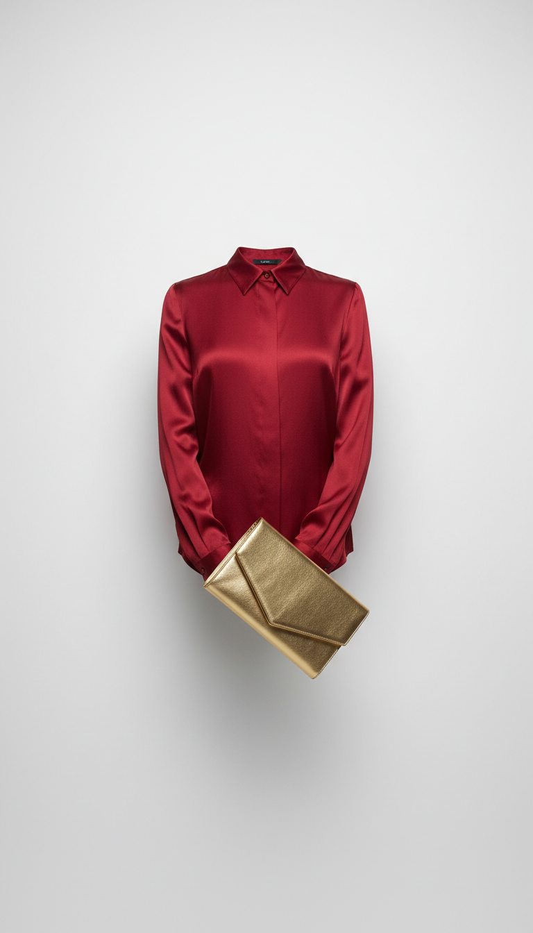 Blusa de seda Crimson Flash com clutch dourada
